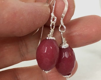 Ruby Jade Earrings, Dark Red Faceted Drop Earrings, Jade Gemstone Earrings, Chunky Beaded Earrings