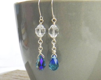 Long Crystal Clear Earrings, Blue teardrop earrings, Long Teardrop Earrings