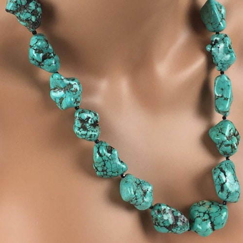 Long Chunky Turquoise Nuggets Necklace Statement Necklace Etsy