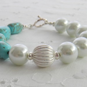 Turquoise and Pearl Bracelet, Chunky Asymmetrical Bracelet