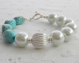 Turquoise and Pearl Bracelet, Chunky Asymmetrical Bracelet