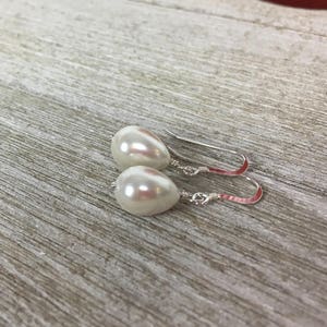 White Teardrop Pearl Earrings, June Birthstone Drop Earrings, Sterling Silver drop Earrings, Shell Pearls image 4