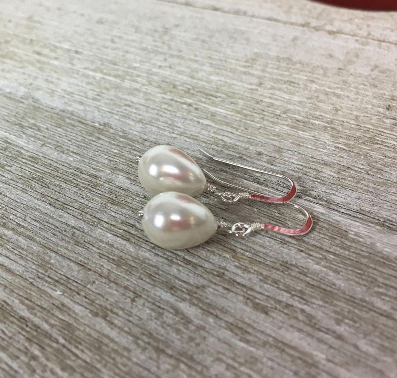 White Teardrop Pearl Earrings, June Birthstone Drop Earrings, Sterling Silver drop Earrings, Shell Pearls image 4