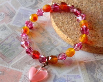 Pink Stacking Bracelet with Heart Charm, Pink Yellow Bracelet, Valentine's Day Bracelet
