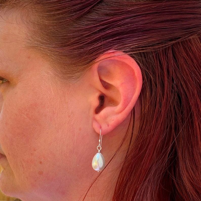 White Teardrop Pearl Earrings, June Birthstone Drop Earrings, Sterling Silver drop Earrings, Shell Pearls image 5