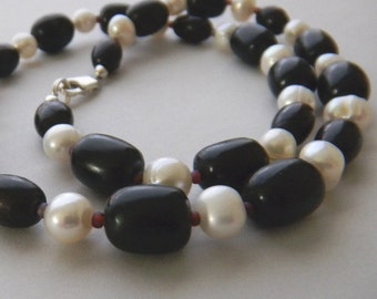 Black and White Necklace, Wood and Pearl Necklace in Sterling Silver