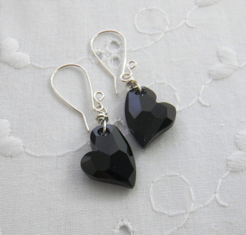 Black Heart Earrings, Swarovski crystal earrings, Handmade Fashion Jewelry a gift for her image 2