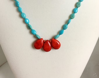 Turquoise and red necklace in two styles, red and blue summer necklace, beachy beaded necklace