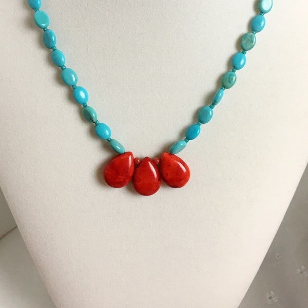 Turquoise and red necklace in two styles, red and blue summer necklace, beachy beaded necklace