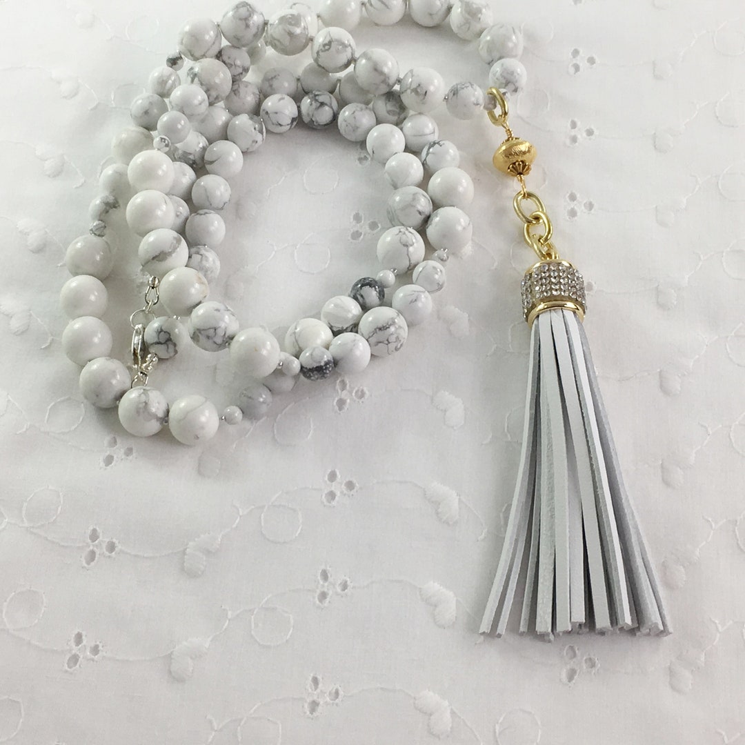 Long White Tassel Necklace, White Turquoise Gemstone Necklace Etsy