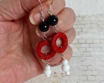 Long Red Cinnabar Earrings, with Black Jasper and White Agate, Three drop earrings