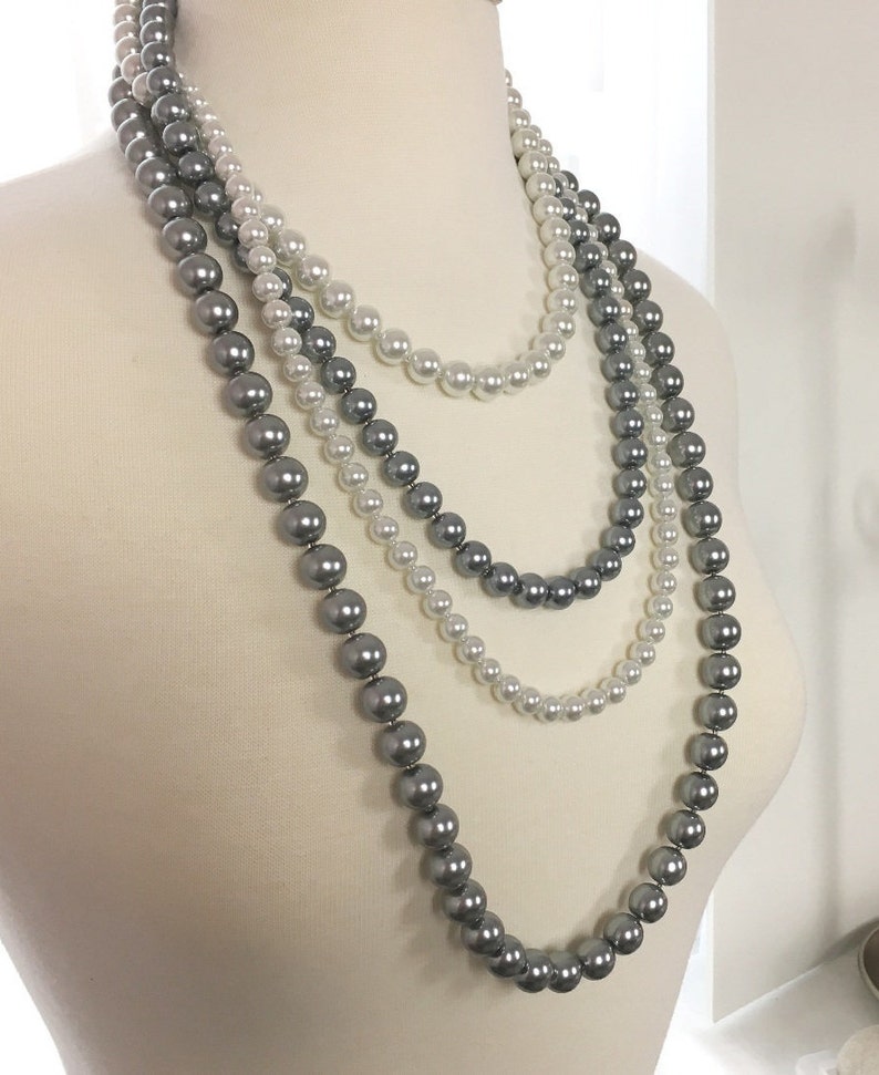 Long Gray White Multi Strand Pearl Necklace Unique Etsy