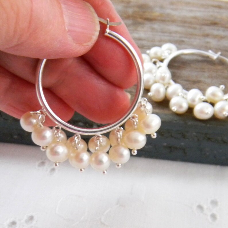 Pearl Hoop Earrings Sterling Silver Pearl Cluster Earrings Etsy