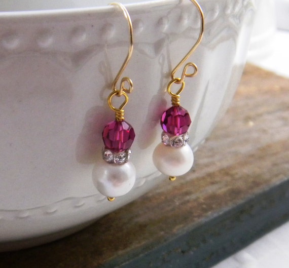 Pink and White Earrings Freshwater Pearl and Crystal | Etsy