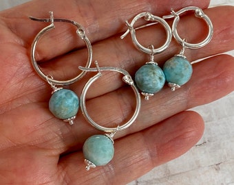 Larimar hoop earrings, Larimar earrings in sterling silver or gold filled