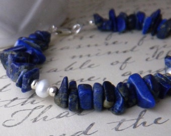 Blue Lapis Lazuli Gemstone Bracelet, Lapis and Pearl Bracelet, Thin Stacking Bracelet, December Birthstone