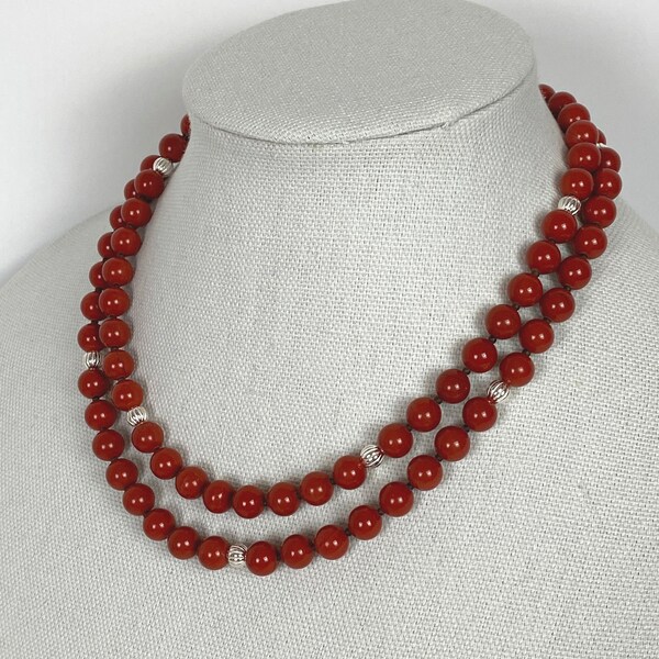 Long Red Poppy Jasper Necklace, Red Gemstone Necklace, Long Strand Dark Red JasperBeaded Necklace