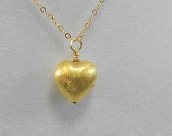 Heart Necklace, Brushed Gold Heart Pendant, Sweetheart or Valentines Day gift, gold filled