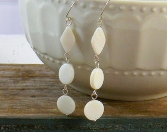 Long Dangle Earrings, Mother of Pearl Earrings, White Pearly Extra Long Earrings, Womens Fashion Jewelry