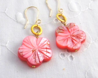 Peach Mother of pearl carved flower earrings