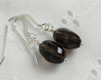 Faceted Smoky Quartz Earrings: Dark Brown Gemstone Dangle Earrings in Sterling Silver