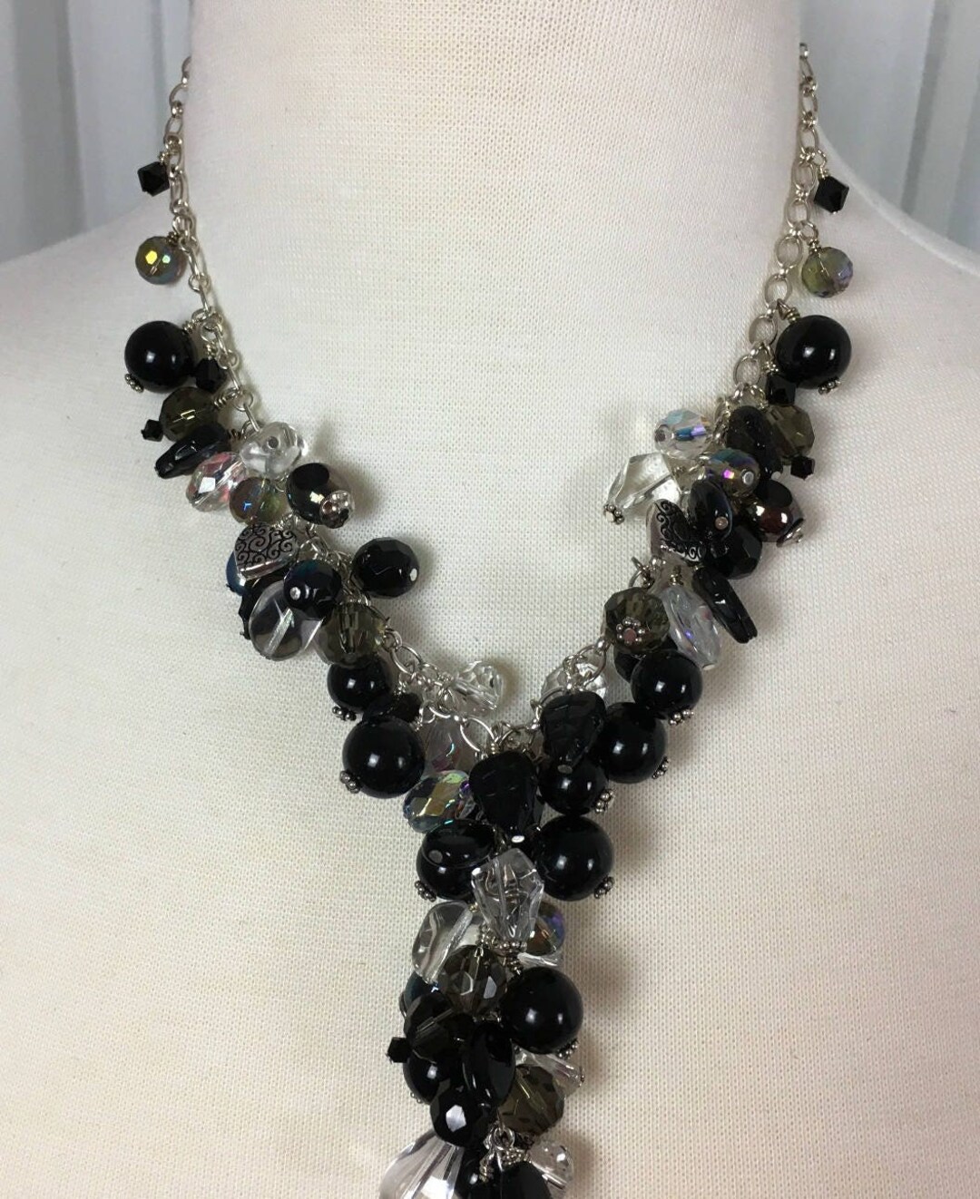 Dangling Black Beaded Ystyle Necklace, Statement Necklace for Party or