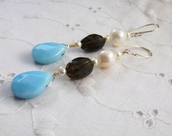 Smoky quartz and pearl earrings, Artisan crafted Blue teardrop earrings, summer earrings, Handmade Dangle earrings