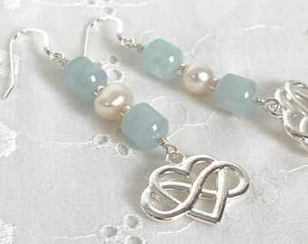 Natural Aquamarine Pearl Earrings Silver, Heart Infinity earrings