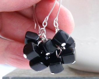 Black Cluster Earrings, Geometric Cube Earrings, Earrings for Women, Fashion Jewelry, Womens Fashion