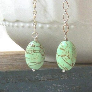 Long Green Turquoise Earrings, sterling silver Wire Wrapped Earrings, Gift for Her Under 30
