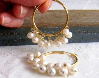 Gold Pearl Hoop Earrings, Freshwater Pearls or Crystal Pearls, Gold Plated or Sterling Silver Hoops