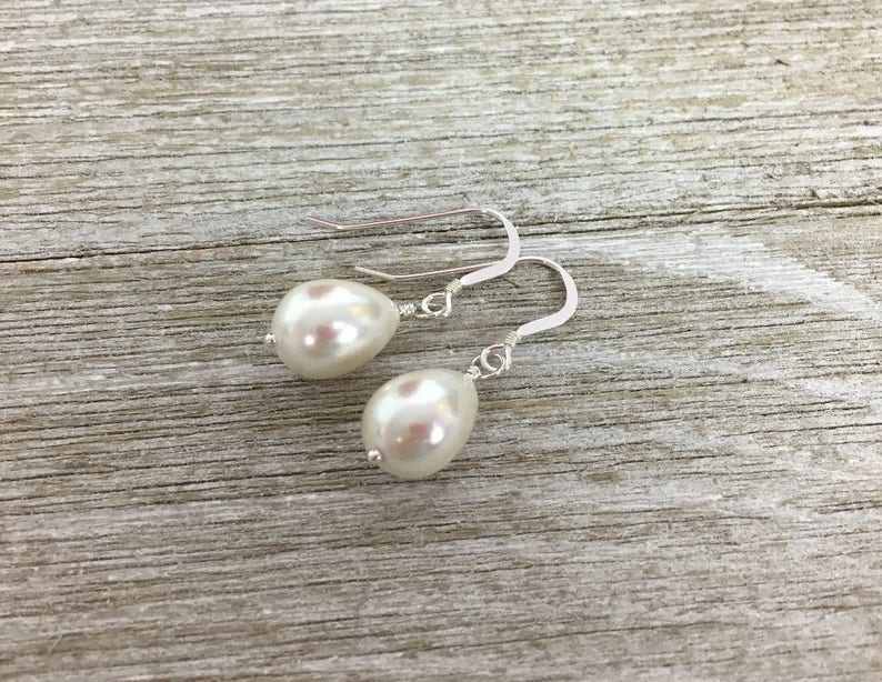 White Teardrop Pearl Earrings, June Birthstone Drop Earrings, Sterling Silver drop Earrings, Shell Pearls image 2