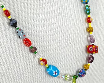 Multi-Color Glass Necklace, Colorful Multi Strand Necklace, Unique Long Statement Necklace