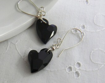 Black Heart Earrings, Swarovski crystal earrings, Handmade Fashion Jewelry a gift for her