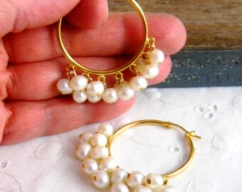 Gold Hoop Pearl Earrings, Freshwater Pearls or Crystal Pearls, Gold Plated or Sterling Silver Hoops