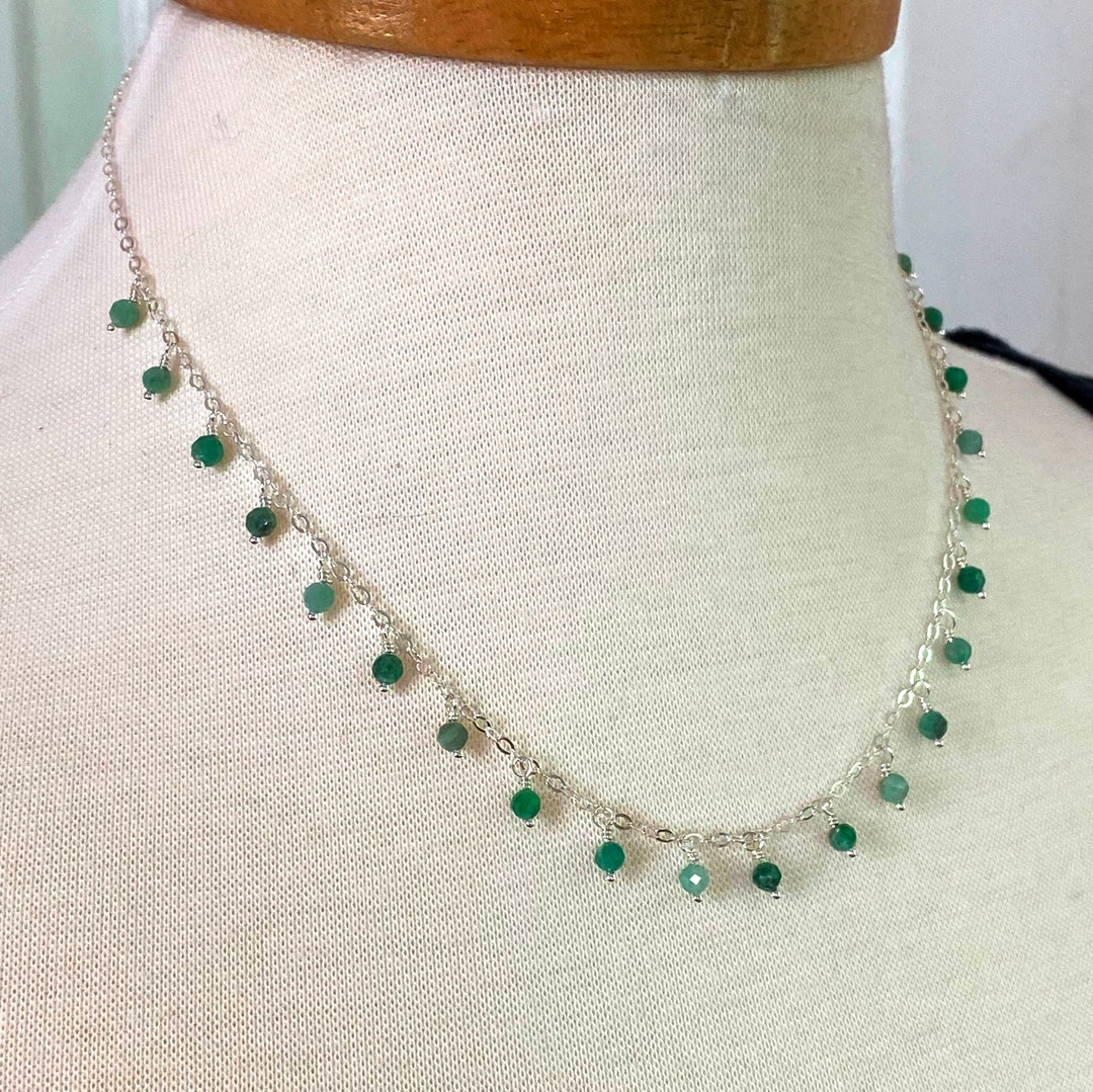 Dainty Emerald Dangle Choker Necklace, Green Dangle Charm Necklace, May ...