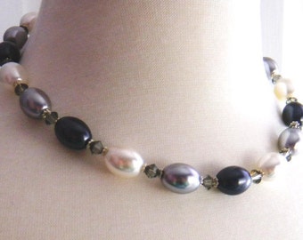 Black White Gray Pearl Necklace, Chunky Shell Pearl Choker