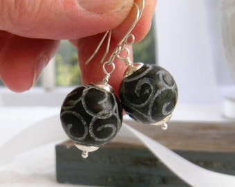 Black Carved Jade Earrings, Unique Artisan Gemstone Earrings, Gift for Her