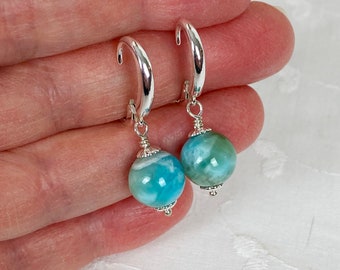 Larimar Gemstone Earrings in Sterling Silver or Gold Filled:  Round Gemstone Dangles