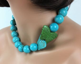 Chunky Turquoise Necklace with Butterfly Accents, Turquoise Dyed Magnesite, Statement Necklace,  Bold Necklace Asymmetrical Womens Jewelry