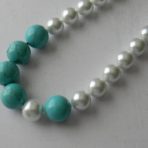 Chunky Pearl and Turquoise Necklace, Asymmetrical Statement Necklace