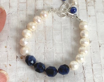 Sodalite and Freshwater Pearl Bracelet, Chunky Gemstone Pearl Bracelet