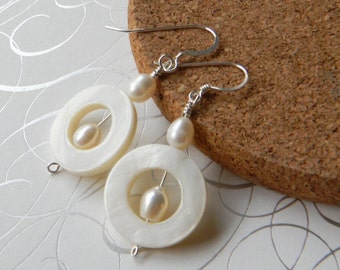 White Mother of Pearl Earrings, Freshwater pearl Sterling Silver Earrings, Summer Jewelry