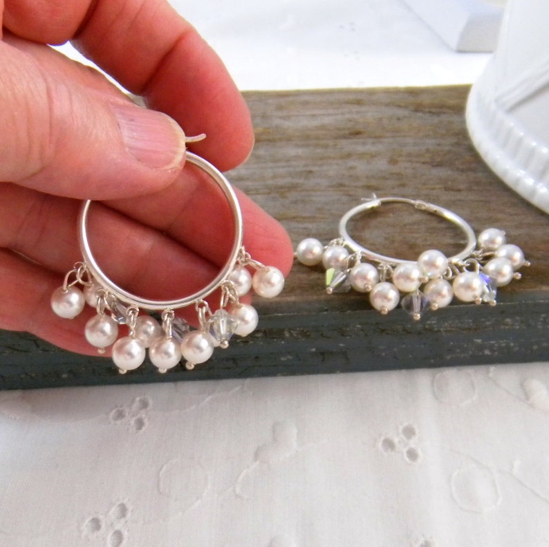Pearl Hoop Earrings Sterling Silver Pearl Cluster Earrings Etsy