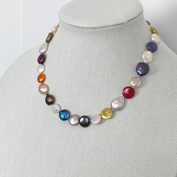 Hand Knotted Coin Pearl Necklace Multi Color Freshwater Pearl - Etsy