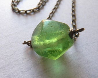 Green glass necklace with antique brass chain, Recycled glass bead necklace, upcycled spring green glass