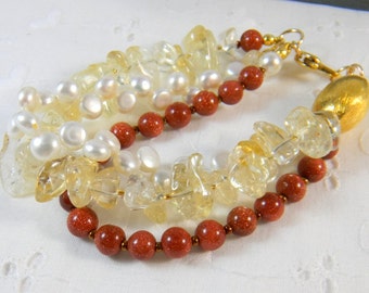 Citrine Pearl Sunstone Bracelet, Multi strand gemstone bracelet, Multi color bracelet