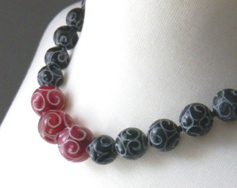 Red and Black Chunky Gemstone Necklace, Unique Artisan Carved Jade Necklace