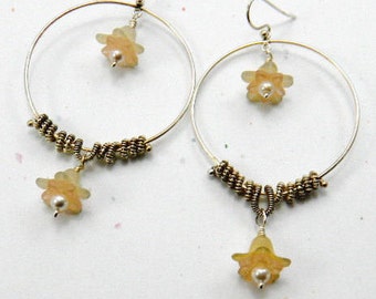 Big Hoop Earrings, Sterling Silver Wire wrapped hoops, Flower Earrings, Handmade Artisan Earrings