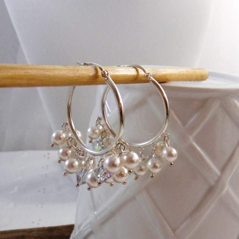 Pearl Hoop Earrings Sterling Silver Pearl Cluster Earrings Etsy